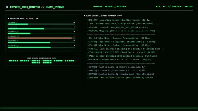 Network Architecture Cloud Stream Hardware Monitor Live Traffic Dashboard Animation.