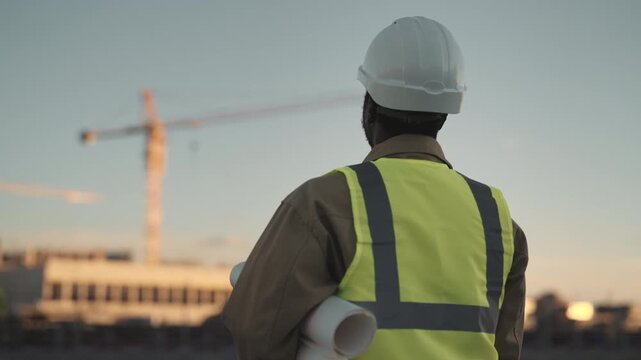 Rapid pace of urban development, foreman walking in large construction site. Silhouette of buildings under construction in new district, back view of professional builder or inspector viewing site