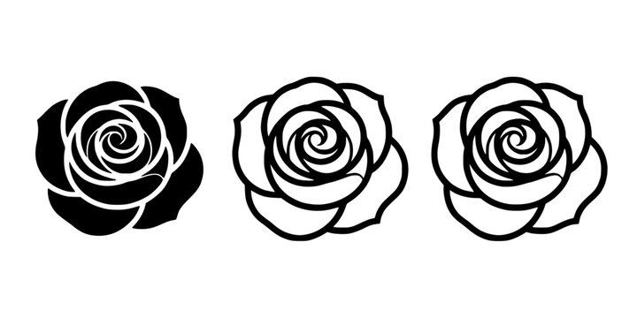 Rose Flower Logo Icons in Black and White, Spiral Petals Emblem for Branding, Sticker, and Decorative Graphic Design