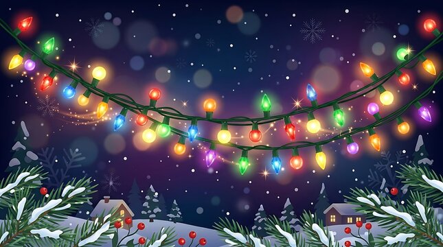 Vibrant Christmas lights adorn snowy festive scene with green foliage