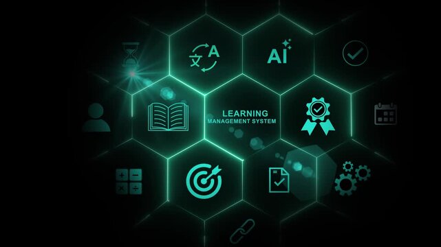 A glowing neon learning management system concept surrounded by smaller icons for ai and manufacturing process management, Motion graphics of learning concept