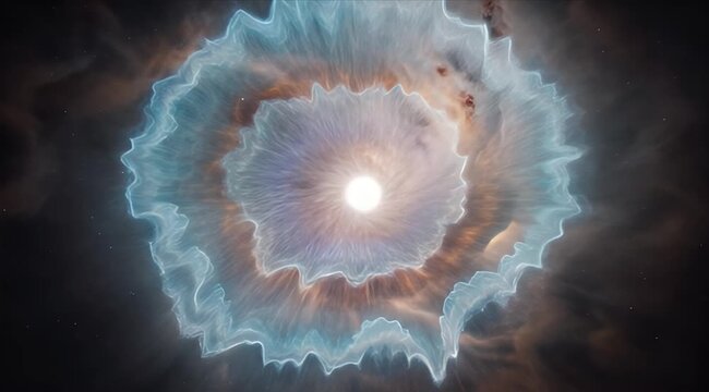 Space cosmic Planetary nebula transparent gas cosmic cloud stellar remnant space background, glowing central star with swirling blue halo and ionized dust ring, deep space digital illustration