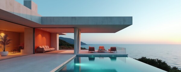 Obraz premium Modern concrete villa with pool overlooks ocean at sunset. Infinity pool reflects soft light. Outdoor lounge chairs offer sea view. Indoor living room has warm lighting.