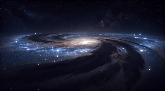 Space cosmic Milky Way galaxy galactic plane spiral star space nebula universe wide shot of luminous spiral disk with glowing core, sweeping arms, dense starfield, cosmic dust lane haze deep space