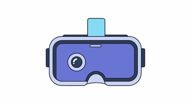 A stylized illustration of a virtual reality headset, rendered in shades of blue and purple
