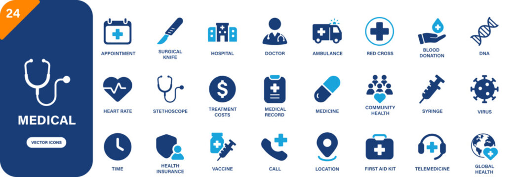 Medical icon. Containing stethoscope, medicine, hospital, surgical knife, blood donation, ambulance. Solid vector icon set.