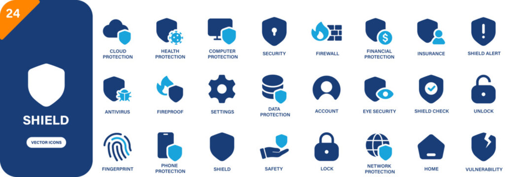Shield icon. Containing safety, health protection, antivirus, fireproof, vulnerability. Solid vector icon set.