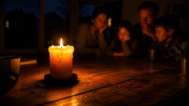 A warm, intimate family gathering around a candlelit table, showcasing connection and reflection during a cozy evening.