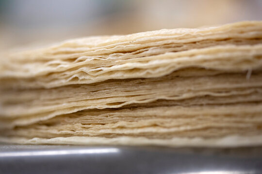 Extreme close up of stacked phyllo pastry dough