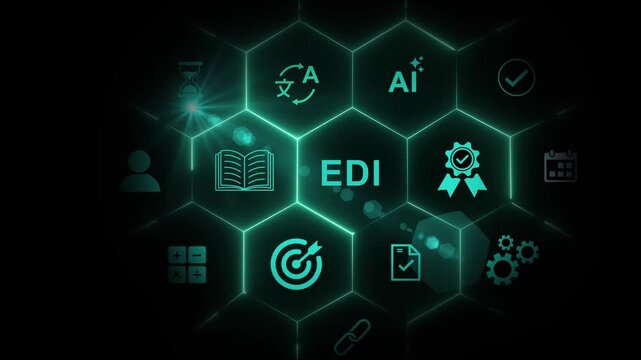 EDI, Electronic Data Interchange Concept. Businessman touching on EDI (Electronic Data Interchange) icons, global data transfer, digital security, 3D dark blue background 4k animation.