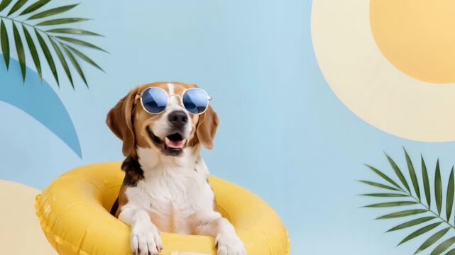 Smiling beagle in blue sunglasses and a yellow inflatable ring posing on a pastel backdrop with palm leaves in a humorous summer scene