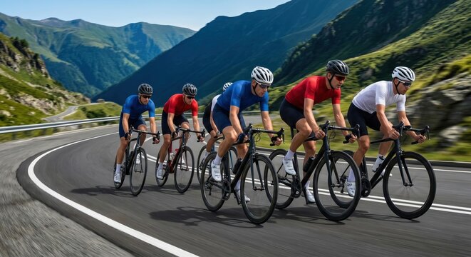 Professional Cyclists Racing on a Winding Mountain Road Landscape