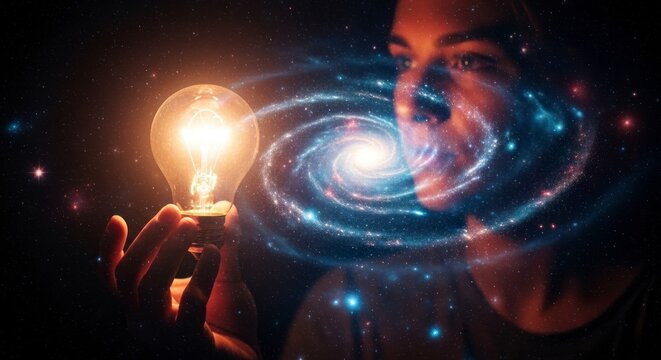 Cosmic Mind - A Swirling Galaxy of Thought Emanates from a Glowing Lightbulb of Inspiration.