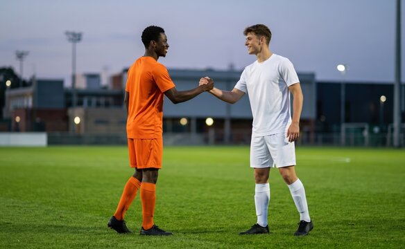 Two soccer players shaking hands on field after football match