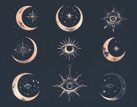 Celestial Sacred Geometry Set Featuring Hand Drawn Mystic Moons and All Seeing Eyes in Minimalist Gold Illustration Style