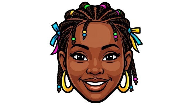 Vibrant Cartoon Portrait of a Smiling Black Woman with Colorful Beaded Braids.