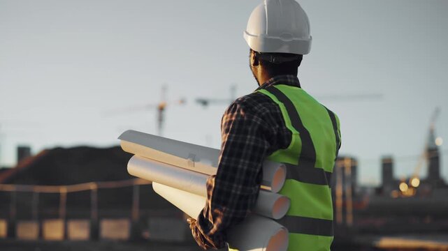 Inspired architect watching works process in construction site, implementation. Innovation in building living houses and business center in modern city, development metropolis, contemporary machinery