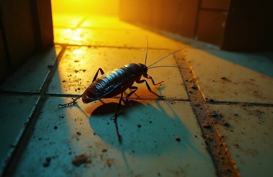 Large brown cockroach crawls on dirty tiled floor in dim room. Insect seen at night in low light with yellow glow from doorway. Pest infestation and hygiene concept.