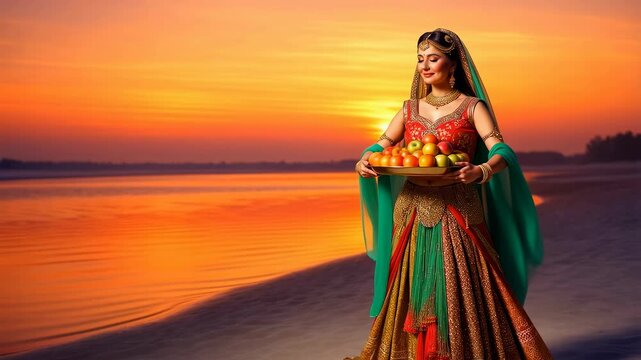 Woman in traditional attire carrying a basket of apples at sunset by the river. Symbolizes cultural heritage, abundance, and celebration of nature's bounty