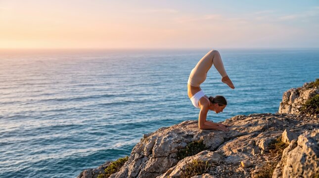 Young Woman Practicing Advanced Yoga Pose on Rocky Cliff Overlooking the Ocean