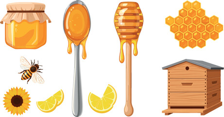 Honey and Beekeeping Vector Set Featuring Honey Jar Spoon Dipper Honeycomb Beehive Wooden Bee Hive Sunflower and Lemon Slices © mdtaleb