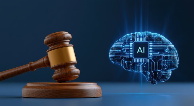 Artificial intelligence legal regulation and ethics concept with gavel and digital brain