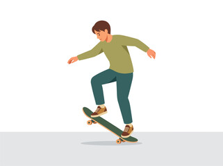 Fototapeta premium Modern flat style vector illustration of a young man in an olive green shirt and teal pants performing a balancing trick on a skateboard against a white background.