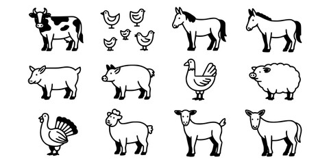 Fototapeta premium Cow Icon Set with Outline Vector Style and Small Birds and Chicken Characters on White Background Featuring Livestock, Farm Animals, Poultry