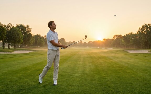 Golfer swinging a club on a golf course at sunset