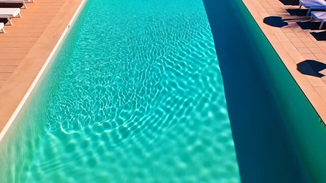 Rectangular outdoor swimming pool with terracotta deck and aligned loungers