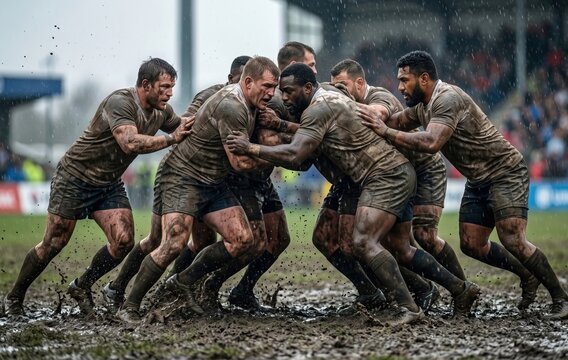 Rugby players clashing in a muddy scrum during an intense match