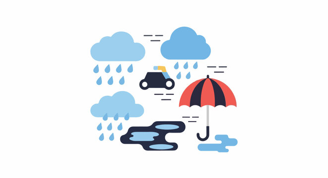 Flat illustration of rain, puddles, a car, and an umbrella in a simple graphic style