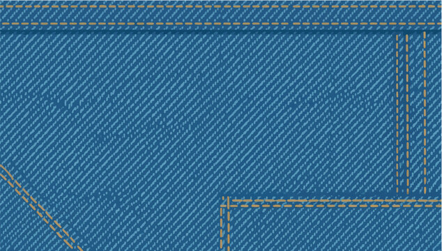 Blue denim jeans fabric texture with realistic stitching seam detail, fashion textile background design.