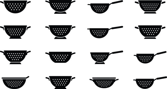 Set of black and white colander icons for kitchenware.