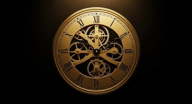 Golden clock face with roman numerals and gears on black background