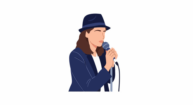 A woman in a blue hat and jacket holds a microphone, singing with closed eyes