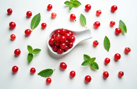 Bright red currants with mint leaves are scattered across a clean white surface. Some berries sit in a small white dish, suggesting fresh ingredients for cooking or garnishing.