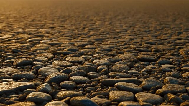 Low-angle close-up of wet cobblestone pavement in warm golden light