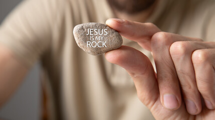 Obraz premium Man showing Jesus Is My Rock message on rock.