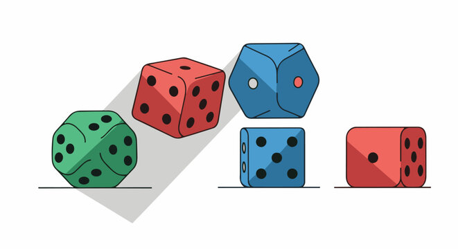 Colorful six-sided dice displayed with shadows, arranged casually