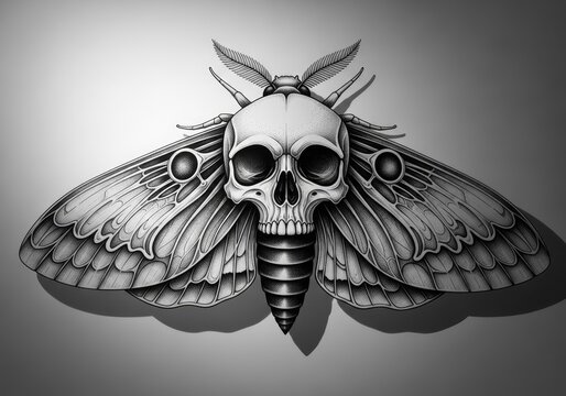 Intricate skull moth illustration with detailed wing patterns in grayscale
