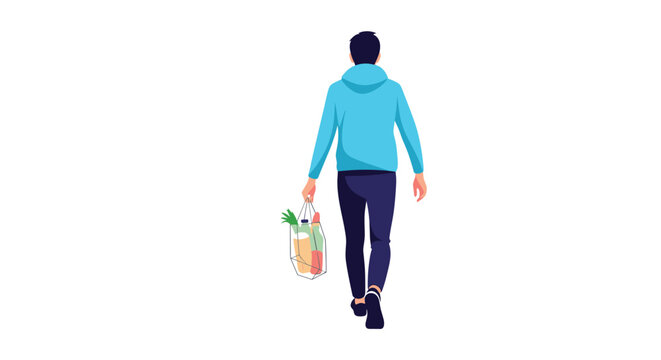 Back view of a man dressed in casual clothing walking away while carrying a bag full of fresh green vegetables and groceries.
