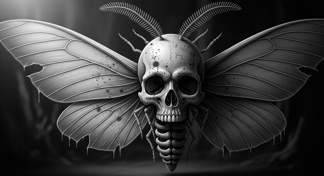 Intricate skull winged creature illustration in monochrome style