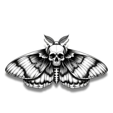 Intricate skull moth illustration with detailed wings on white background