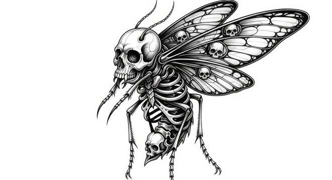 Intricate skull winged creature illustration against white background
