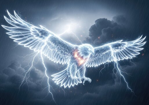 Majestic eagle with glowing wings and lightning in a dramatic sky