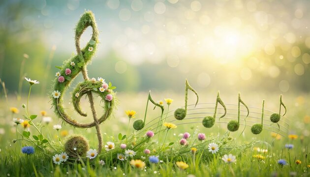 Green treble clef and musical notes made from grass and flowers grow in a sunny meadow. This scene blends nature and music art with blooming plants and soft bokeh background light.