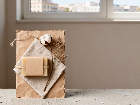 Handmade soap in eco-friendly packaging by a window