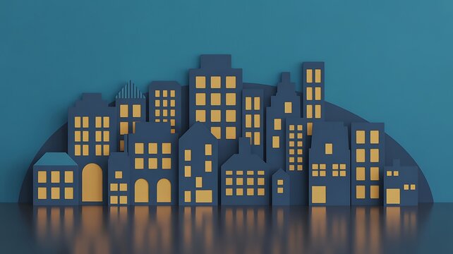 Stylized city skyline with illuminated buildings and urban architecture at night