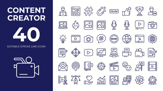 Content creator icon set. Editable line icons. Vector illustration.